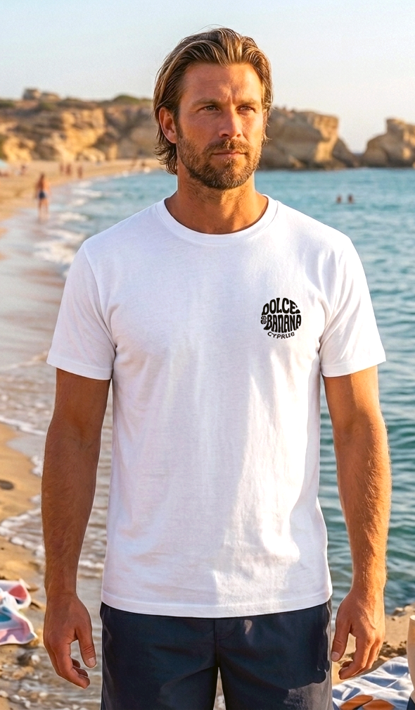 Male surfer at Sandy Beach Paphos wearing Dolce & Banana 2026 Surf Dept. white t-shirt with Logo print